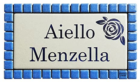 GUIZZO Creart - Targa Personalizzata Nomi/Via in Ceramica, Targhetta Personalizzata Modificabile con Cornice in Mosaico, Porta Ingresso Personalizzata, Made in Italy, 17x9H cm, Azzurro/Panna
