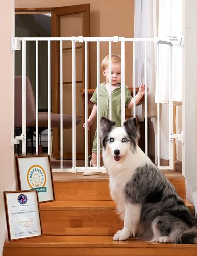 Babelio Baby Gate for Stairs, Kitchen & Doorways, 26-43 W 28 H No Bottom Bar| Easy Installation| One-Handed Operation| Auto-Close| Hardware Mount (Drill Needed) Safety Dog/Pet Gate Indoor (White)