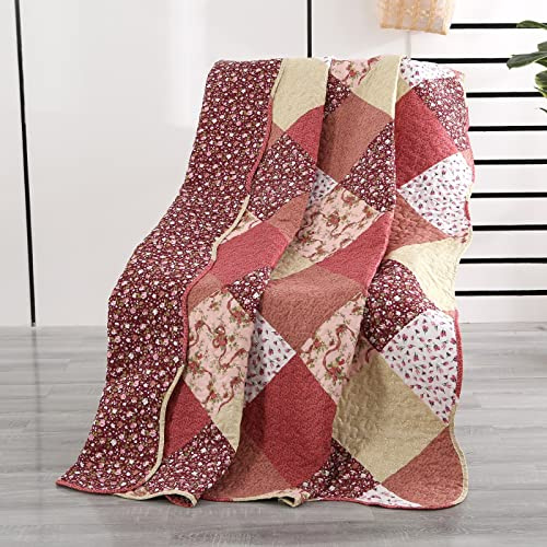 Qucover Quilted Throw Blanket, 59x79 Inch Patchwork Farmhouse Quilt, Soft Microfiber Reversible Multicolor Floral Coverlet, Lightweight Bed Quilt Cover for for Couch Sofa