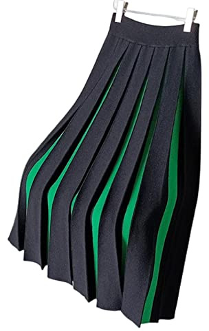 COTCLO Lång kjol damer midi stickad kjol för kvinnor blandade färger veckade långa kjolar kvinna hög midja kjol, gRÖN, M