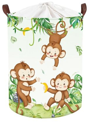 Clastyle Forest Animal Baby Laundry Hamper Green Leaf Clothes Kids Storage Basket Waterproof Boys Girls Toy Box for Nursery Room, Monkey, 36x45 cm