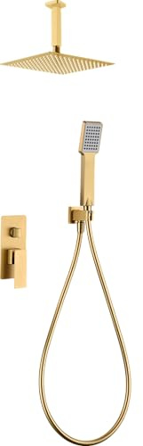 IMEX - Ducha Empotrada Techo Monomando Dorada | Kit de Grifería Empotrado con Alcachofa y Rociador Antical Efecto Lluvia | Columna Ducha Empotrada en Latón y Acero Inox S.304 |Serie Catania