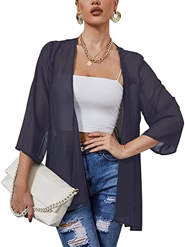Heynino Women's Sheer Chiffon Casual Kimono Cover ups Tops Lightweight Beach Cardigans Blouse Shawl Navy Blue 3XL