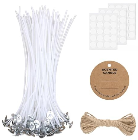 Candle Wicks, 50 Pcs 10cm Cotton Pre Waxed Candle Wicks for Making Candles with 60 Pcs Glue Dots, 20 Tag Labels and 20 Jute Strings, Long Lasting with No Black Smoke for DIY Crafts