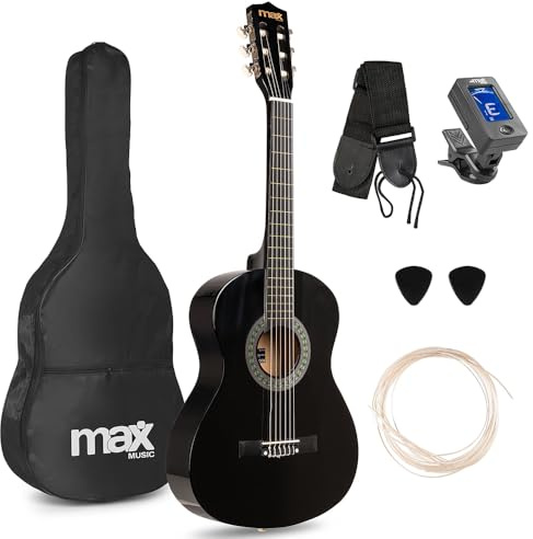 MAX SoloArt - Chitarra acustica 3/4 per bambini dai 6 anni in su, con custodia, plettro, tracolla e accessori per corde, chitarra 3/4 per bambini dai 6 anni in su, colore: Nero