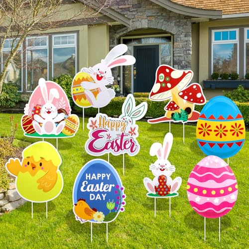 Decorazioni da giardino a forma di coniglietto pasquale, 9 pezzi, con paletti, uova di Pasqua colorate, decorazione per esterni