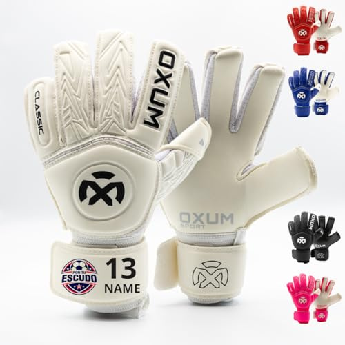 OXUM Guantes de Portero Classic Personalizados para Niños y Niñas – Añade Nombre, Número y Bandera o Escudo – Guantes de Fútbol Infantiles con Gran Agarre y Ajuste Cómodo (Blanco, 5)