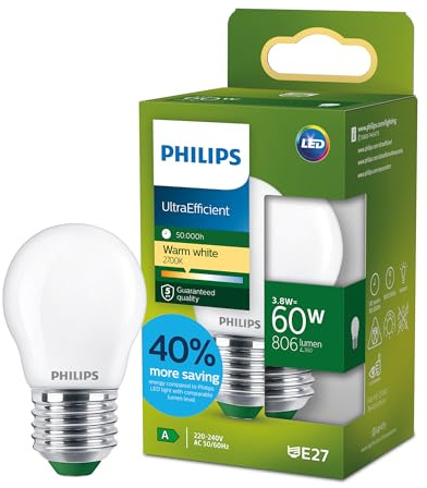Philips LED UltraEfficient frostad P45 ljuskälla, E27 sockel, energiklass A, 806 lm, 60W ekvivalent, varmvit (2700K), EyeComfort, 50 000 timmar, 1 förpackning