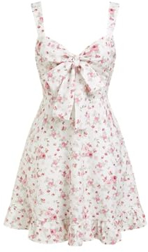 CIDER Womens Floral Mini Dress Spaghetti Strap Ruffle Hem Smocked Waist Dresses Flowy A-Line Sundress Pink