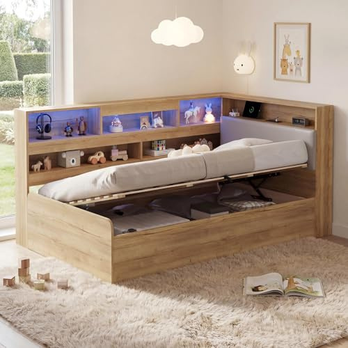 Merax Lit enfant 90x200 cm avec rangement hydraulique, lit de jour avec USB-C et LED, lit en bois avec structure montée à gauche ou à droite au choix, lit pour adolescent, couleur naturelle (sans