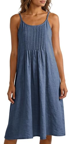 Tnebdvcsk Womens Summer Dresses,Womens Linen Cami Midi Dress Pleated Sleeveless Summer Sundress Casual Loose Flowy Lightweight Breathable Spaghetti Strap Holiday Everyday Wear Navy