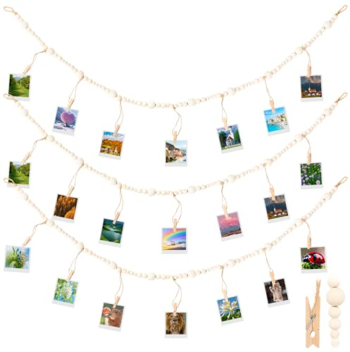 Deuson 3 stycken fotokoppel med klämmor, boho fotodisplay träpärlor väggdekoration (120 cm + 7 klämmor)