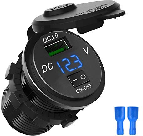 Wallfire Ricarica Rapida 3.0 USB Caricabatteria da Auto Presa Display Digitale Voltmetro USB Caricabatterie Presa con Interruttore On-Off per Auto Marine MTB Moto (Colore: Blue)