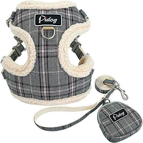 Didog weiches und bequemes Hundegeschirr mit Leine, mit niedlichen Taschen, klassisches Karomuster, Rückseite lässt Sich öffnen und verstellen, Hundegeschirr für kleine Hunde, Katzen