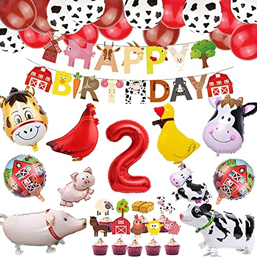Suministros de fiesta de cumpleaños para niños y niñas, decoración de fiesta de cumpleaños de animales de granero, decoración de fiesta de cumpleaños de granja, pancarta de feliz cumpleaños cupcakes