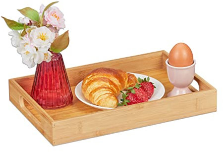 Relaxdays Tablett Bambus, HxBxT: 4 x 30 x 20 cm, Serviertablett mit Griffen, hoher Rand, Küchentablett rechteckig, Natur