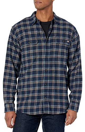 Dickies Flex Long Sleeve Flannel Shirt Camicia Button-Down, Ink Navy/Chocolate Brown/Clear Blue Unbalanced, S Uomo