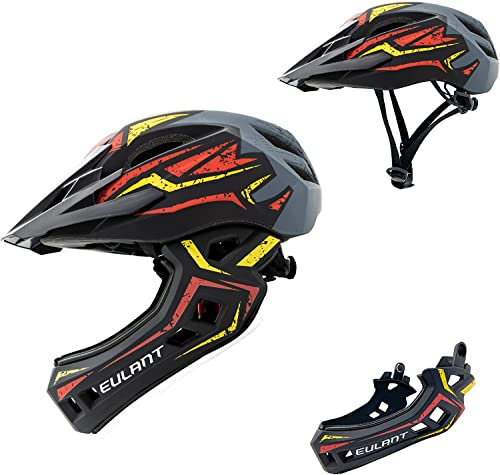Fahrradhelm für Kinder, geringes Gewicht, Integralhelm mit abnehmbarem Kinnriemen, abnehmbares Visier, Downhill-Helm, Kinder, für Gleichgewicht, Rollschuhe, Rot-Gelb/S