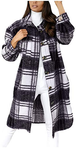 Damen Mantel Lässiges Kariert Dufflecoat Lange Ärmel Revers Wickel Outwear Warme Mittellange Karo Wollmantel Herbst Winter Einreihiger Kaschmirmantel Frauen Wintermantel
