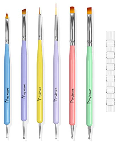 Maykawe Pinceau Nail Art Ongles, 6 Pièces Double Tête Pinceau Ongle Gel avec Acrylique Porte Pinceaux Kit, Pinceaux Ongles Liner/Plat/Rond/French/ 3D Dotting Tool Stylos pour Vernis Semi Permanent