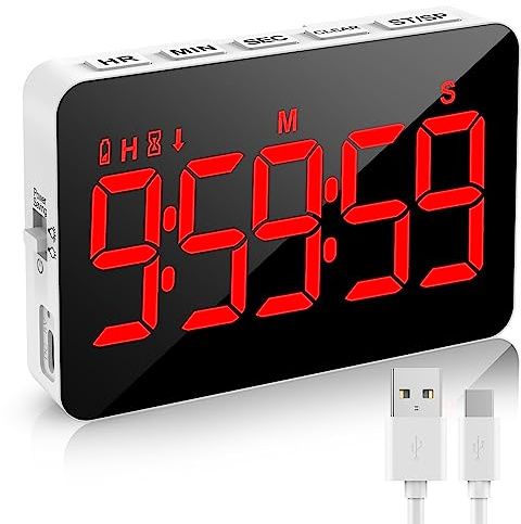 Minuteur de Cuisine LED Rechargeable - Chronomètre & Compte à Rebours Digital, Luminosité et Volume Réglables, Aimanté pour Cuisine, Réunion, Classe (Câble de Charge Inclus)