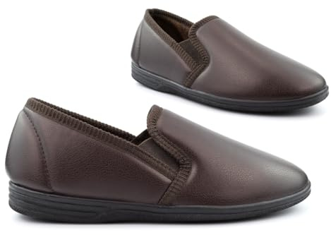 Mens Slip On Slippers Mens Faux Leather Slipper Carpet Slipper Boys Slippers Extra Large Size 13 Size 14 Sizes 6-12/13/14 Leather Effect Brown 9 UK