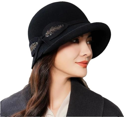 Hdhdeueh Damen-Glockenhut aus Filz, 1920er-Jahre, Wollhut, Party, Oberkappe, Motorhaube, asymmetrische Fedoras, Schwarz , Einheitsgröße