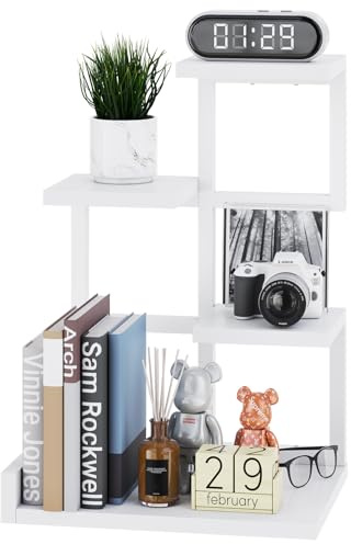 YMYNY Holz Schreibtisch Regal, 4-Tier Speicher Display Rack, Schreibtisch Regal Organizer Kleines Bücherregal mit Metallrahmen für Bücher, Pflanzen, 31 x 24 x 44.5cm, Weiß HSR007W