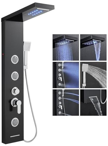 KEOKBON 6 in 1 LED Duschpaneel Schwarz mit Armatur 3 Massagedusche, Edelstahl Duschsystem Duschpaneele 6 Funktion Regendusche Wasserfalldusche 2-Modi Massagedusche Handbrause Wanneneinlauf