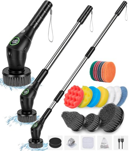WADEO Elektrische Reinigungsbürste, 17 in 1 Electric Cleaning Brush mit austauschbaren Bürstenköpfen und verstellbarem Griff, Elektrische Putzbürste für Bad Küche Auto Fliesen Boden (Schwarz)