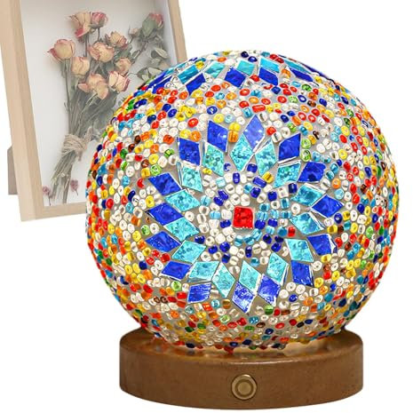 Lumière de nuit LED, veilleuse en vitrail ,Lampe de bureau LED en verre coloré rétro - Lampe de nuit de chevet avec lampe ronde baroque de style bohème, lumière d'ambiance pour