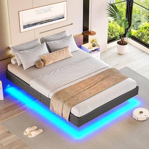Brinlawb - Cadre de Lit 90x200 avec sommier à Lattes en Bois, Lit 1 Place Adulte avec éclairage LED, Solide et Stable. lit Simple 90x200 cm à Jambes cachées, Facile à Assembler sans Matelas, Gris