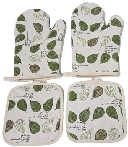Guanti da cucina a forma di foglia, guanti da forno in cotone, 2 guanti e 2 cuscinetti resistenti al calore, verde e beige