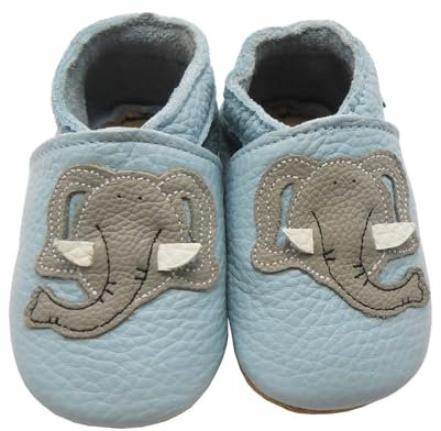 SAYOYO Baby Krabbelschuhe Leder Weiche Lauflernschuhe Babyschuhe für Jungen & Mädchen, 21/22 (12-18 Monate) L, Blau Elefant