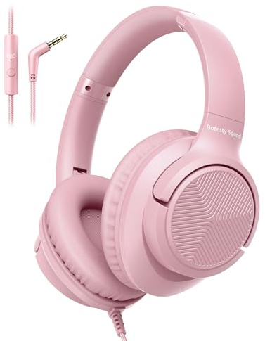 Botesty Sound Auriculares con cable con micrófono, auriculares sobre la oreja con cable de nailon de 5 pies sin enredos, auriculares enchufables de 3.5 mm para smartphone, tablet, computadora, MP3/4