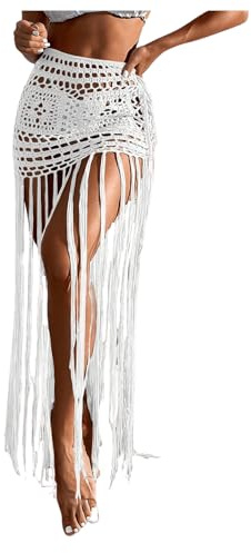 Milumia Women's Crochet Swimwear Cover Up Skirt High Waisted Fringe Hem Beach Skirts White Medium
