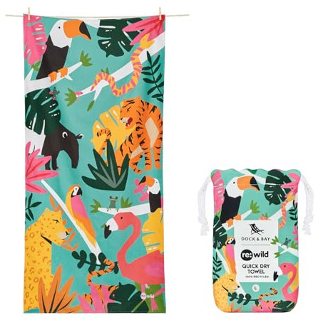 Dock & Bay Strandhandtuch - Schnell trocknende Mikrofaser, ohne Sand - Kompakt, Leicht - 100% recycelt - Inklusive Beutel - Doing Our Bit - Wild Things, Large (160x90cm, 63x35)