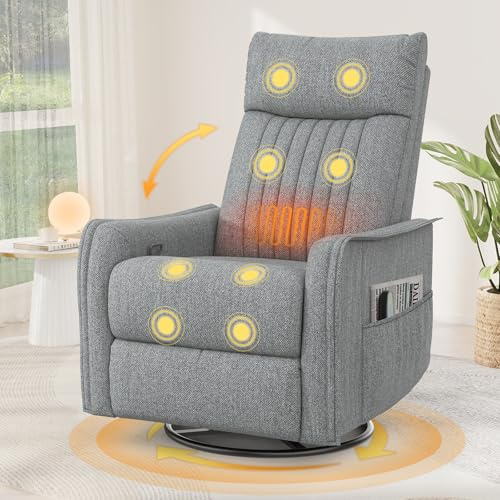 Srfzluxy Sillón reclinable Mecedora giratoria con Masaje y Calor, reposapiés extendido,Sillón reclinable 3 en 1 para Sala de Estar, sofá Individual Ajustable con Bolsillos Laterales Doble