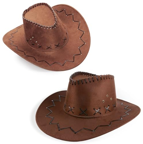 TOLASTO 2er-Pack Texas Cowboyhut für Erwachsene: Western-Kostümzubehör für Mottopartys, Ranchstyle Wildwest-Outfit in Dunkelbraun, Braun