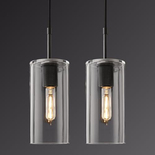 housondmy Modern Pendant Light Kitchen Island Set of 2, Adjustable Black Clear Glass Pendant Light Fixtures, Pendant Lighting Over Island, Indoor Chandelier for Bedroom Bathroom, Included Bulb
