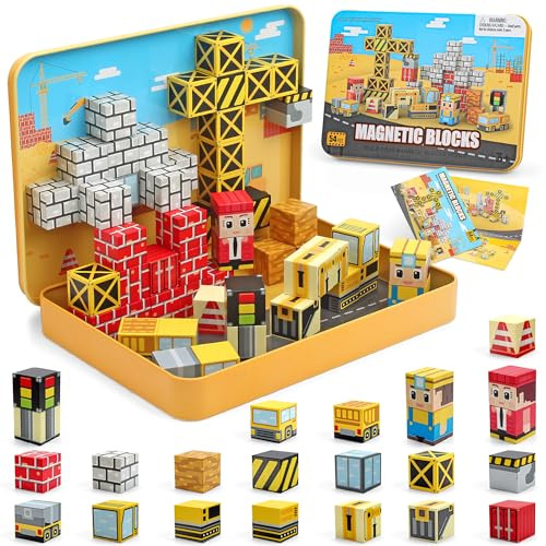 CREAFOMIFE 54 Pièces Blocs Magnétiques Miniatures - Jeu de Construction Magnétique pour Enfants 3+ avec Coffret de Rangement en Fer Portable ; Idéal pour Voyage en Avion & Voiture