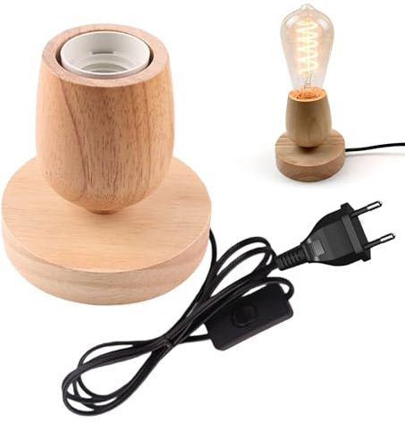 BAIFULAI Lámpara de mesa de madera, E27, lámpara de noche, pie de madera, mini lámpara de mesa con base de madera e interruptor de cable, retro, enchufe de la UE, lámpara de noche para dormitorio