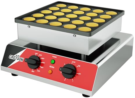CROSSON Maquina para 25 Mini Pancakes 43 mm Diámetro,Mini Máquina para Hacer Panqueques Holandesa con Revestimiento Antiadherente,Temporizador y Temperatura para Tortitas,Dorayaki y Poffertjes