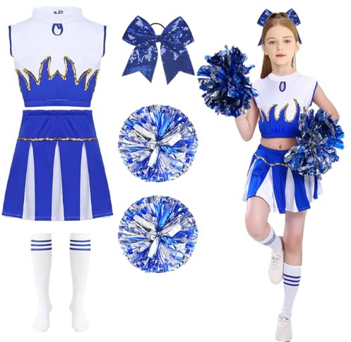 LGZIN Disfraz Animadora Niña, Disfraz Cheerleader Niña, Disfrazs Porrista Uniforme con Pompones, Calcetines y Tocado, Traje Animadora Niñas para Eventos Deportivos, Carnaval, Halloween (Azul, 130)