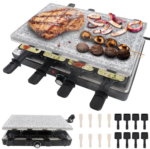 PEILU 1400W Grill per Raclette per 8 Persone, Doppio Piano da Tavolo Antiaderente, con Piastra in Pietra, Piccole Tazze, Spatola in Legno e Cavo in Acciaio Inox, Elettrico per Feste e Campeggio