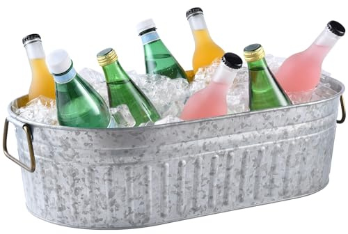 4 Gallon Galvanized Oval Tub with Handles, Ice Bucket for Drinks and Outdoor Parties, Rust-Resistant Metal Cooler Tub for Backyard BBQ, Beach, and Picnic, 20x11x6