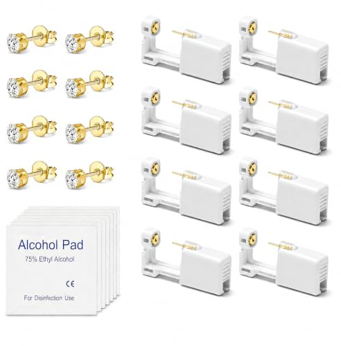 8Pcs Ear Piercing Gun Kit with 4mm 316 Stainless Steel Studs and Pads | Gold or silver stud options available; 8 disposable piercing guns for women, men and home ear lobe piercing