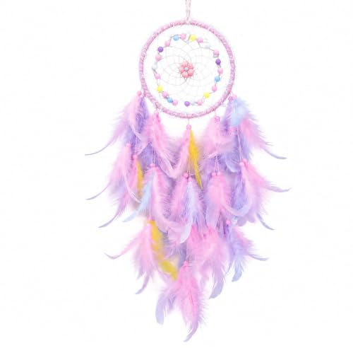Pink Dream Catcher for Girls, Feather Wall Hanging Room Decor | Pastel pink dream catcher with feathers and beads for girls bedroom, nursery and boho wall decor