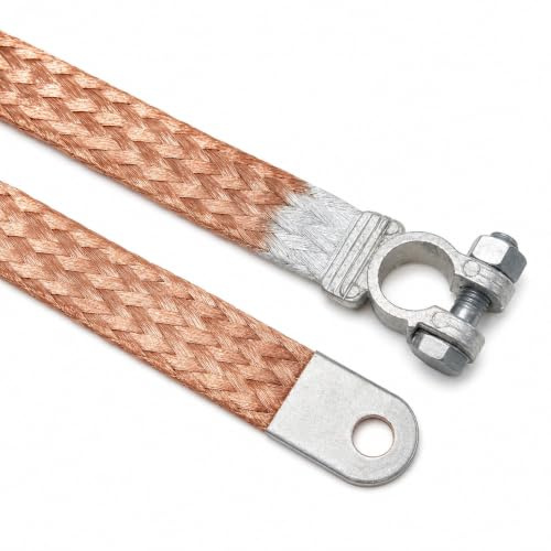 AUPROTEC - Banda de masa con terminal de sujeción (200 mm, 50 mm², 300 A) | Hebras planas muy flexibles para recoger según DIN 72333, 99,9% de pureza, capacidad de corriente hasta 300 A