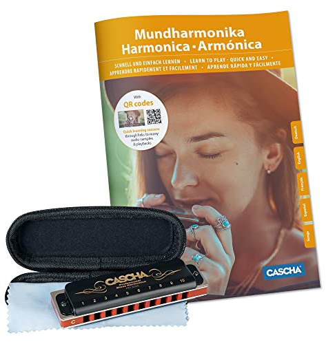 Cascha Mundharmonika C-Dur Anfänger u. Fortgeschrittene I Hochwertige 10-Loch diatonische Harmonika inklusive Lehrbuch und CD I Perfekte Aufbewahrung u. Pflege Blues Harmonika Softcase u. Putztuch